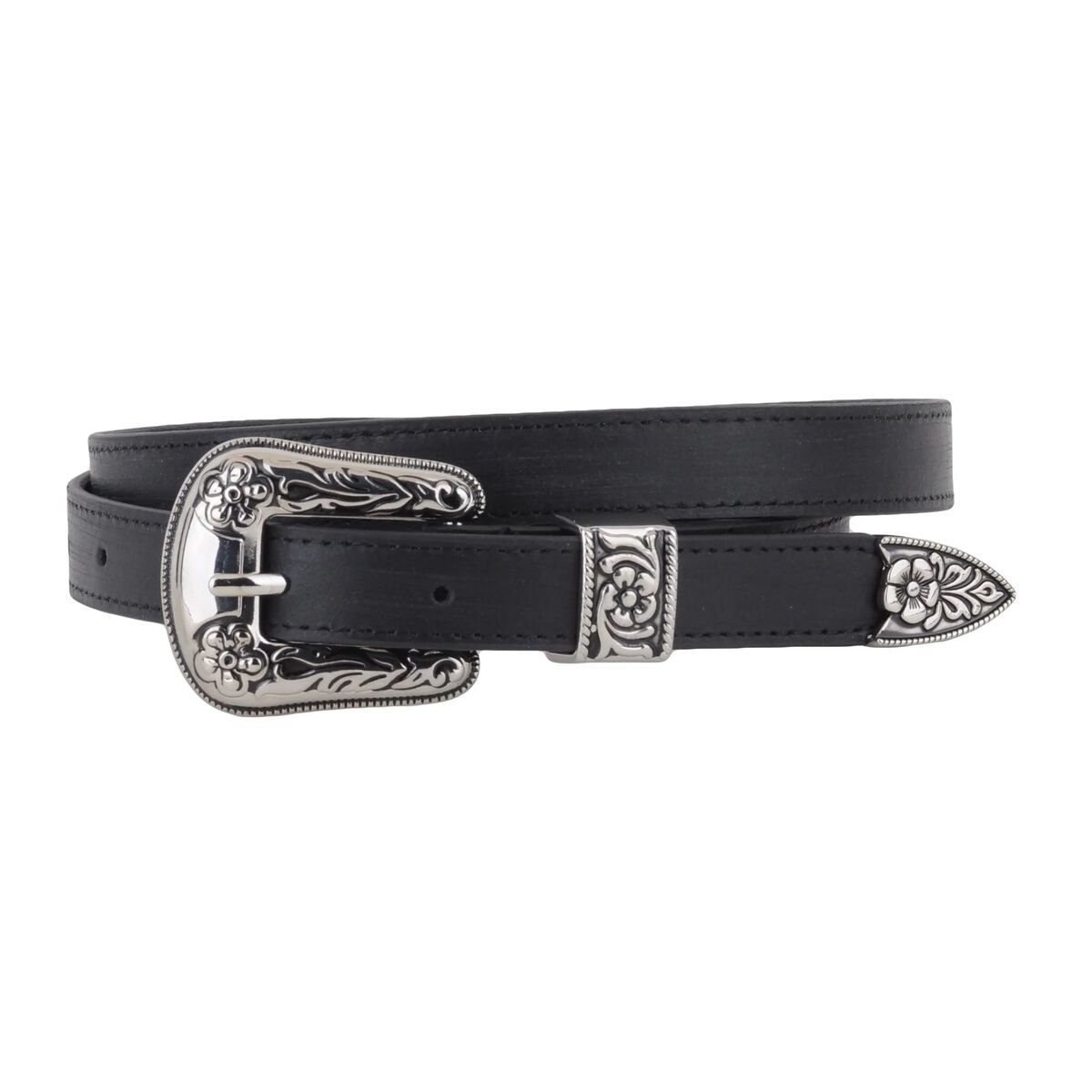 Women's Skinny Western Silver Hardware Belt in Black