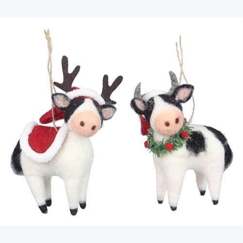 Country Christmas Wool Felt Cow Ornament - Assorted