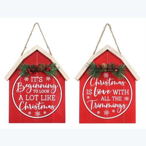 Country Christmas Wooden Barn Shaped Wall Sign - Assorted